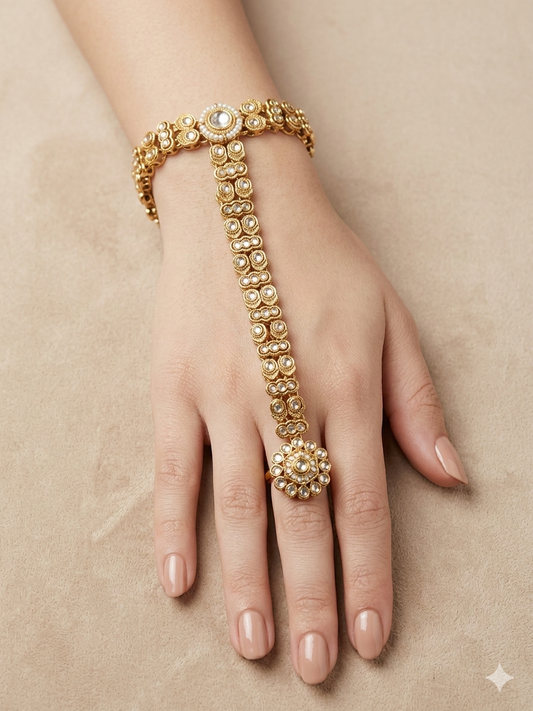 Hand Bracelets Gold White Kundan Bridal Pair Finger Ring Panja Jewellery