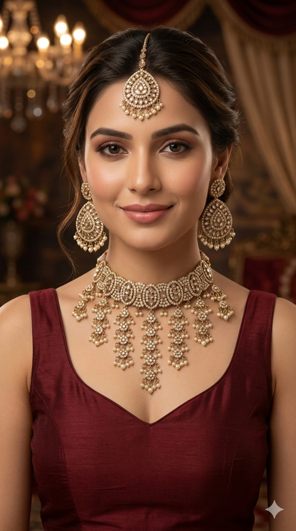 Antique Gold White Choker Jewellery Inder Set