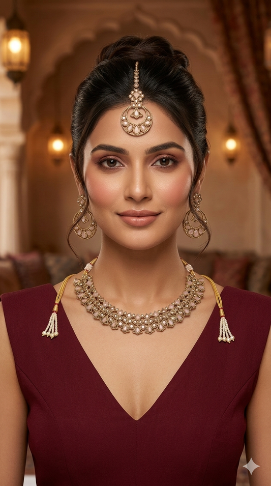 Pink Antique Gold Necklace Jewellery Race Set