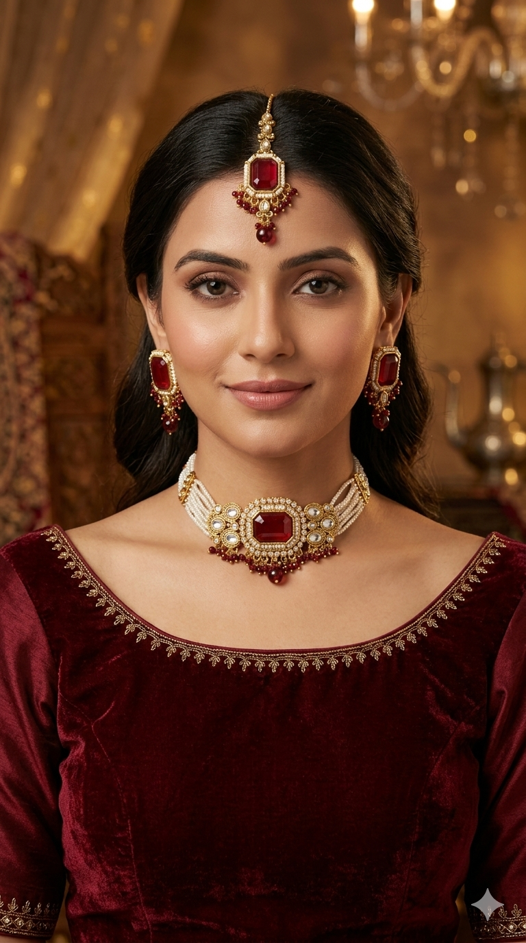 Maroon Kundan Choker Jewellery Sama Set