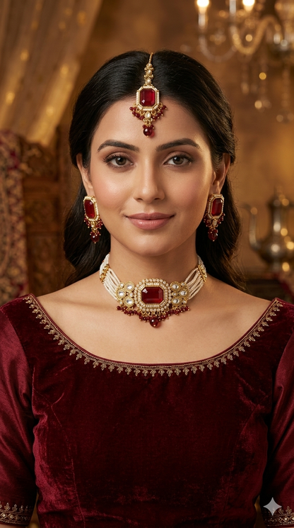 Maroon Kundan Choker Jewellery Sama Set