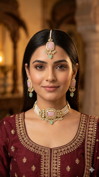 Mint Pink Kundan Choker Jewellery Sama Set