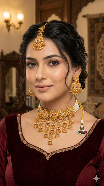 Gold Polki Multi Color Waterfall Choker Jewellery Joe Set