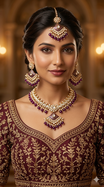 Purple Kundan 21 Karet Necklace Jewellery Hipi Set