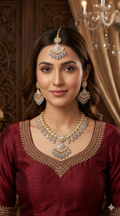 Grey Kundan 21 Karet Necklace Jewellery Hipi Set