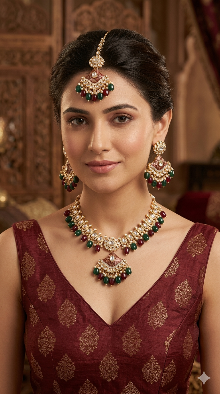 Maroon Green Kundan 21 Karet Necklace Jewellery Hipi Set