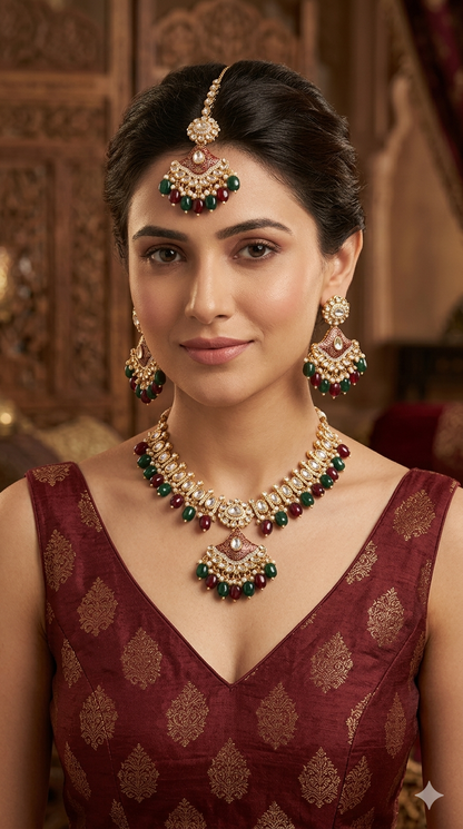 Maroon Green Kundan 21 Karet Necklace Jewellery Hipi Set