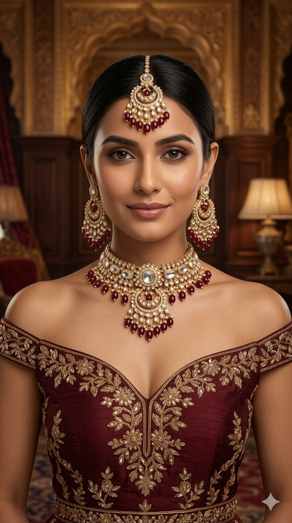 Maroon Kundan 21 Karet Choker Jewellery Hira Set