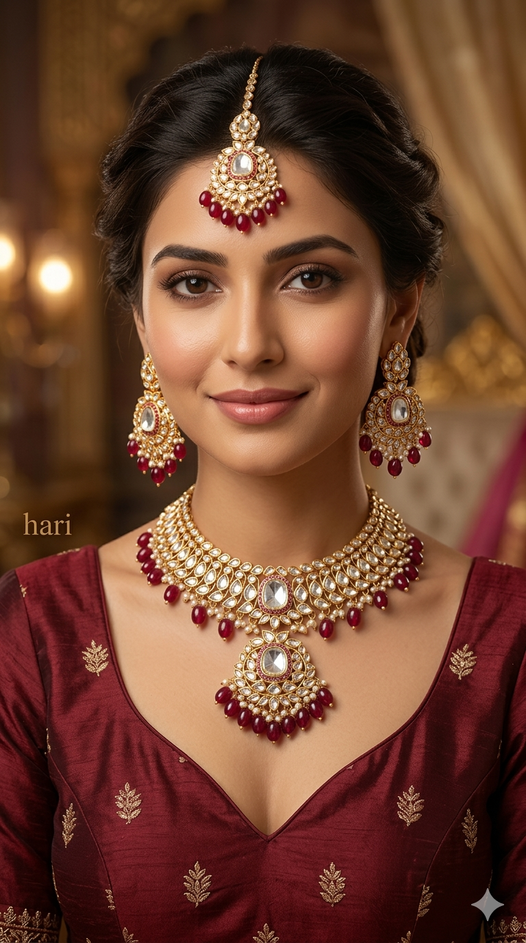 Maroon Kundan 21 Karet Necklace Jewellery Hari Set