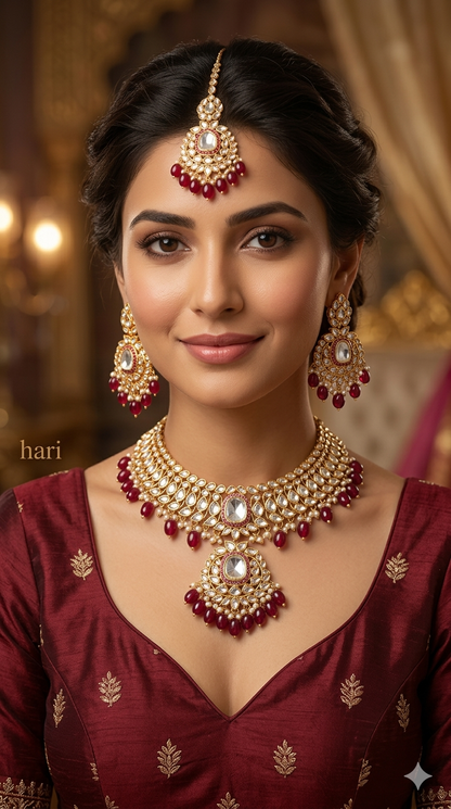 Maroon Kundan 21 Karet Necklace Jewellery Hari Set
