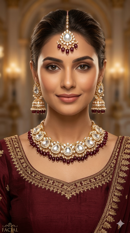 Maroon Kundan 21 Karet Necklace Jewellery Hari Set