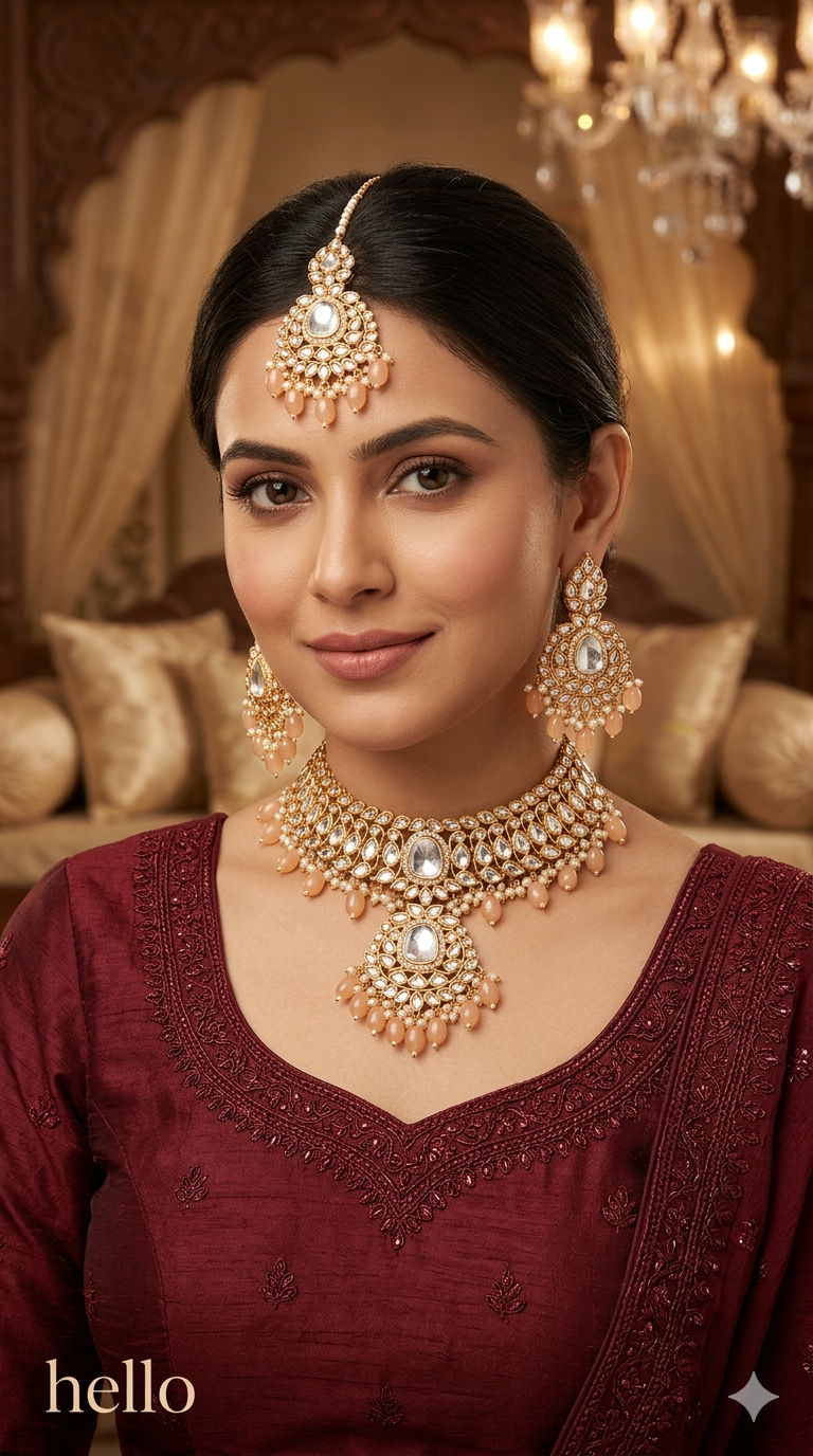 Pech Kundan 21 Karet Necklace Jewellery Hari Set