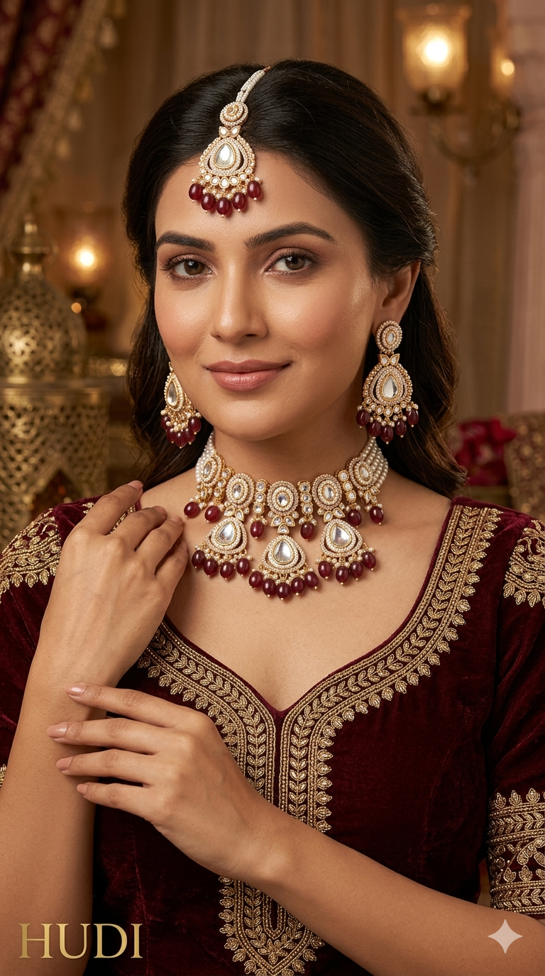 Maroon Kundan 21 Karet Choker Jewellery hudi  Set