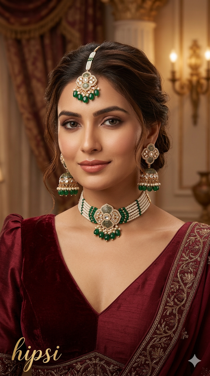Green Kundan 21 Karet Choker Jewellery Hipsi Set