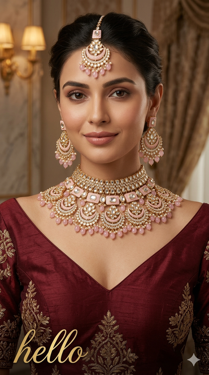 Beby Pink Kundan 21 Karet Necklace Jewellery Hello Set