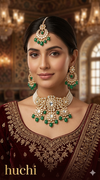 Green Kundan 21 Karet Choker Jewellery Huchi Sett