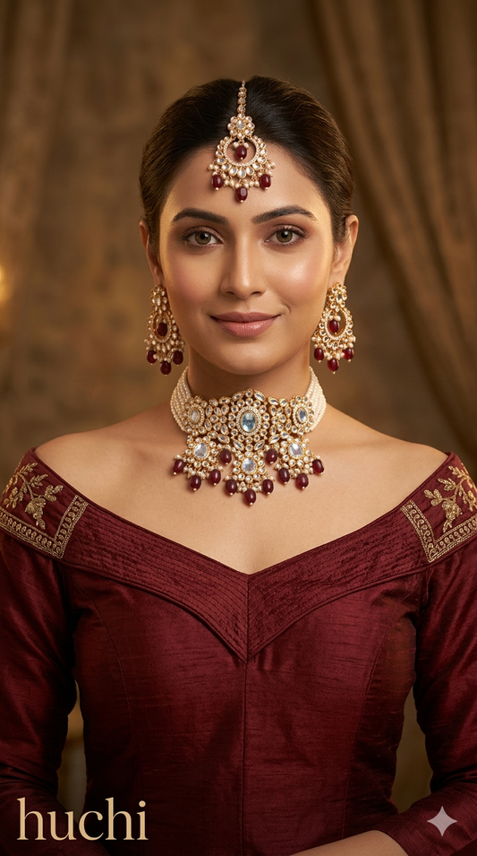 Maroon Kundan 21 Karet Choker Jewellery Huchi Sett