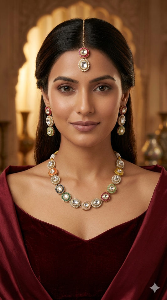 Antique Gold Multi Color Kundan Necklace Jewellery Alma Sets