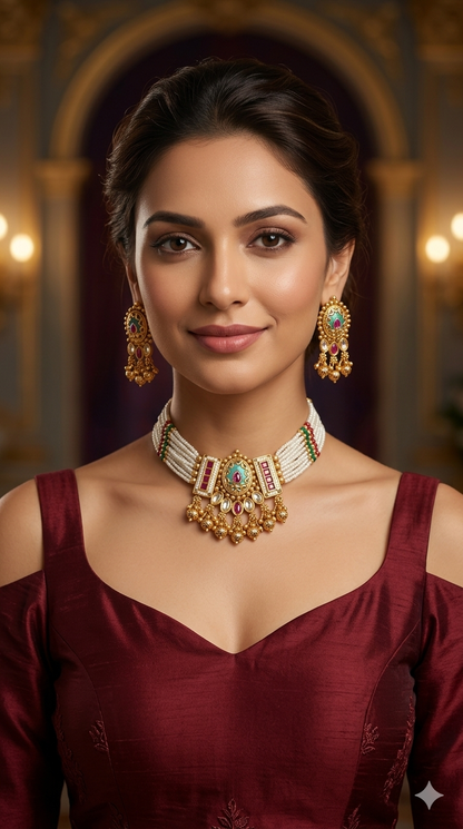 Gold Polki Ruby Sage Green Choker Yuka Jewellery Polki Set