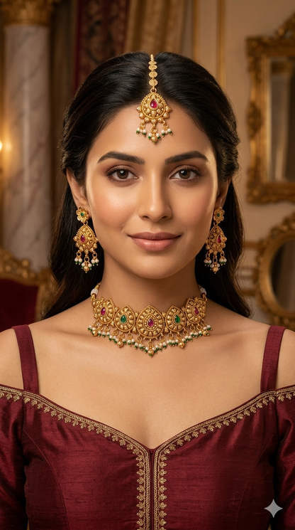 Gold Polki Ruby Green Choker Jun Jewellery Polki Set