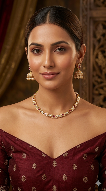 Gold Polki Ruby Kundan Necklace Jewellery Talia Set