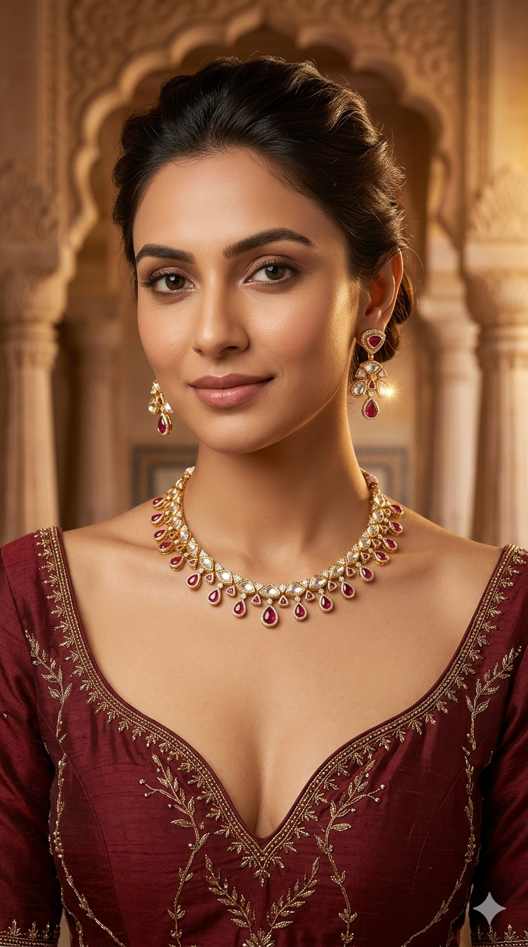 Gold Polki Majenta Kundan Necklace Jewellery Juno Set