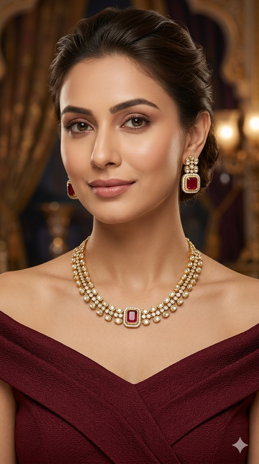 Antique Gold Ruby Kundan Necklace Jewellery Pumi Set