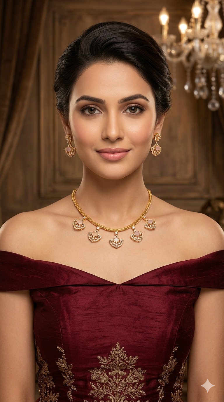 Gold American Diamond Pink Ad Inori Necklace Set