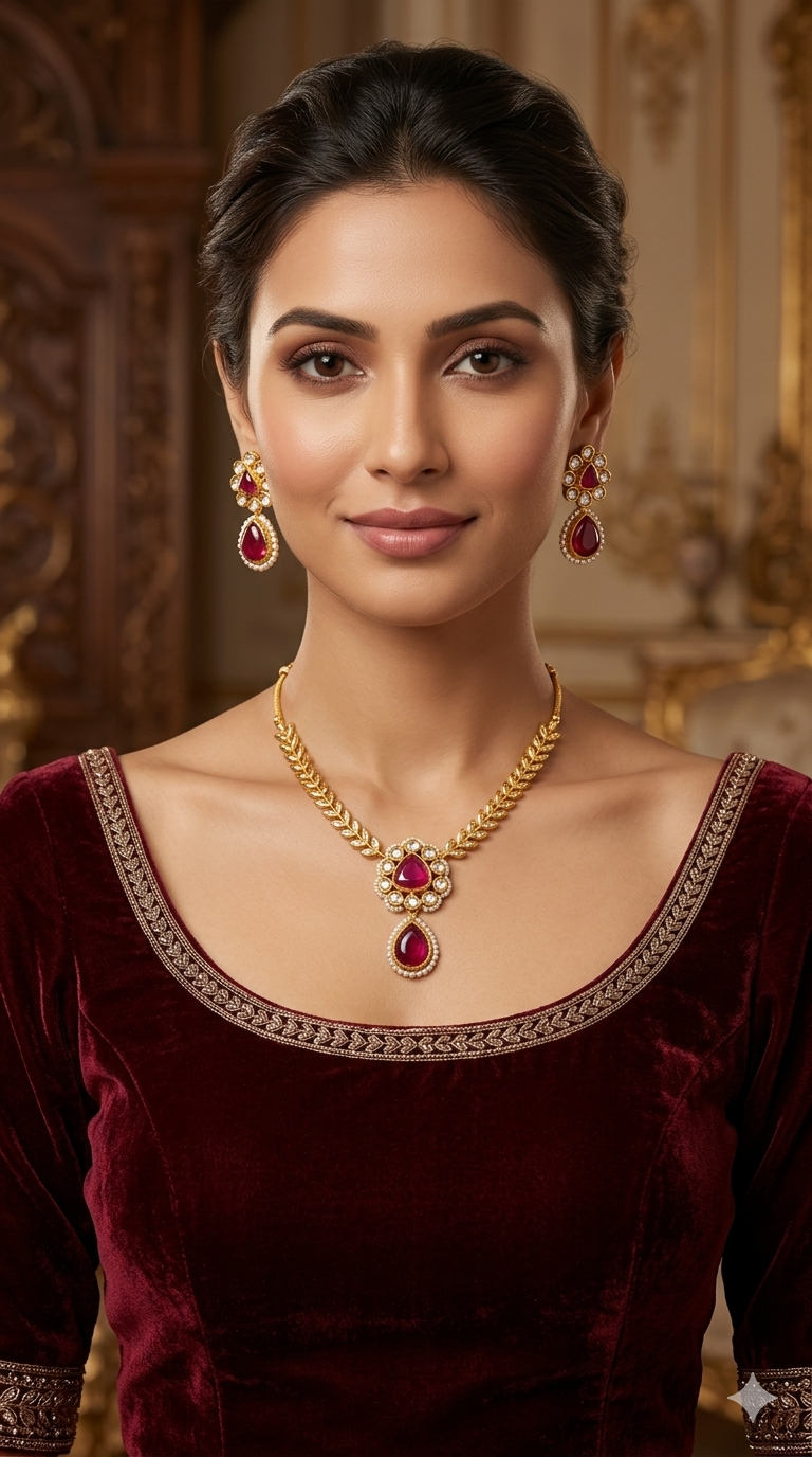 Gold American Diamond Ruby Ad Hana Necklace Set