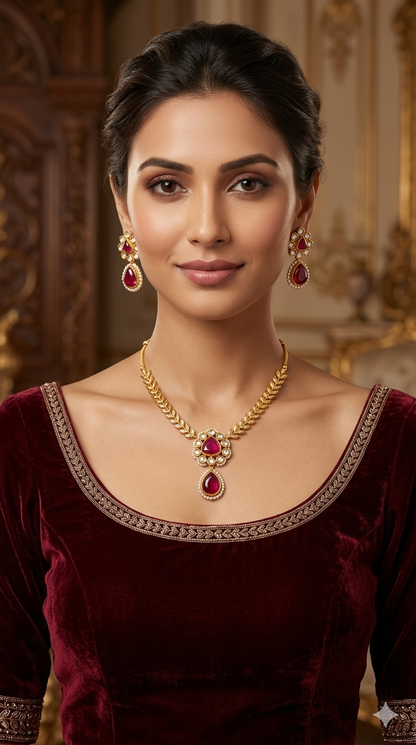 Gold American Diamond Ruby Ad Hana Necklace Set