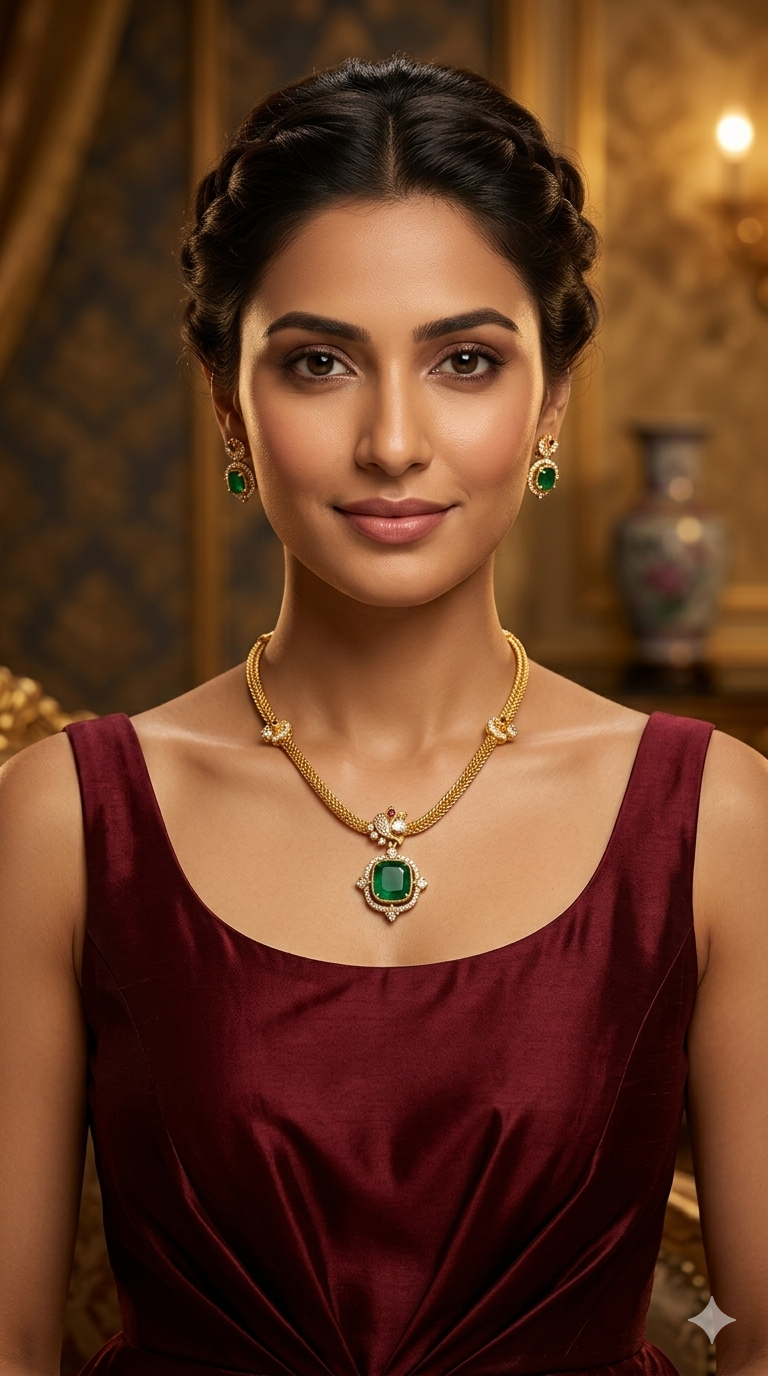 Gold American Diamond Green Ad Hana Necklace Set