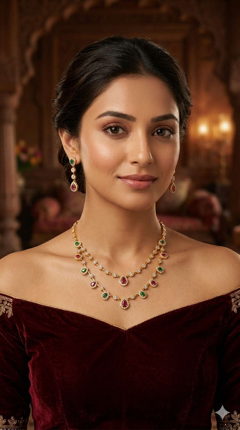 Gold American Diamond Ruby Green Ad Hana Necklace Set