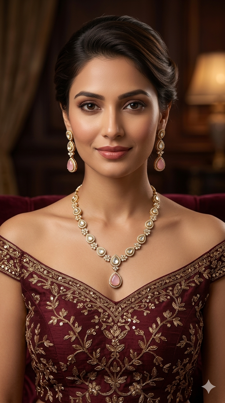 Antique Gold Pink Moissanite Kundan Necklace Jewellery Hina Set