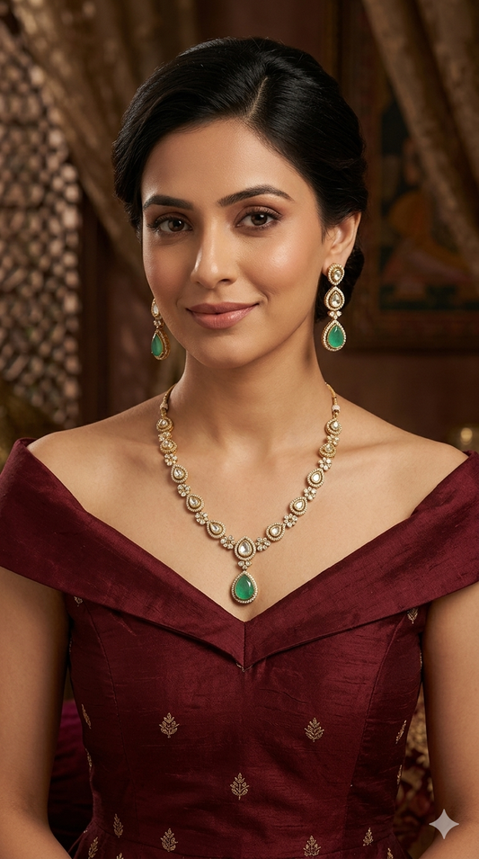 Antique Gold Pista Moissanite Kundan Necklace Jewellery Hina Set