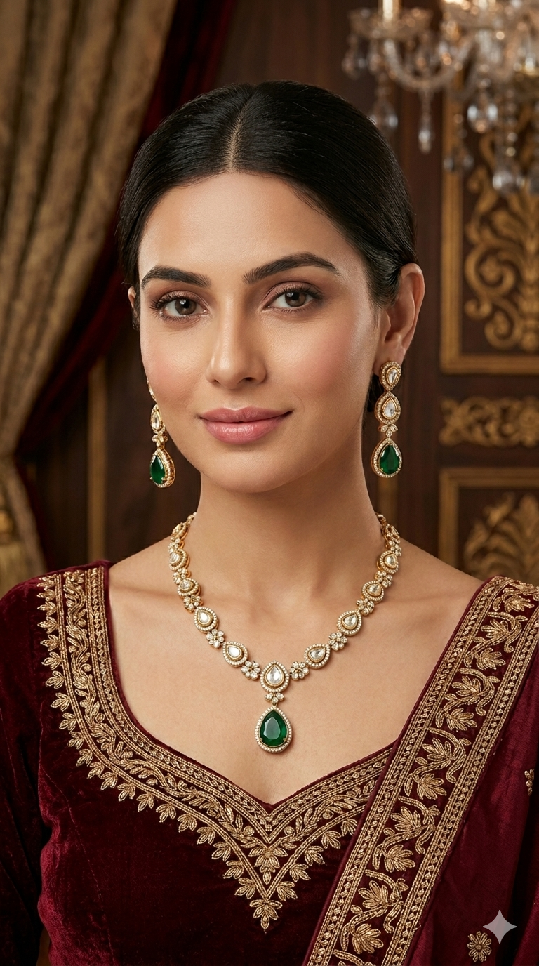 Antique Gold Green Moissanite Kundan Necklace Jewellery Hina Set