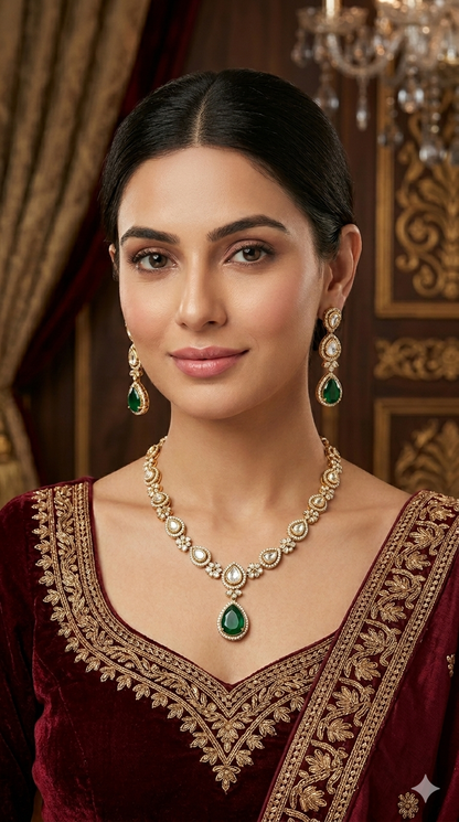 Antique Gold Green Moissanite Kundan Necklace Jewellery Hina Set