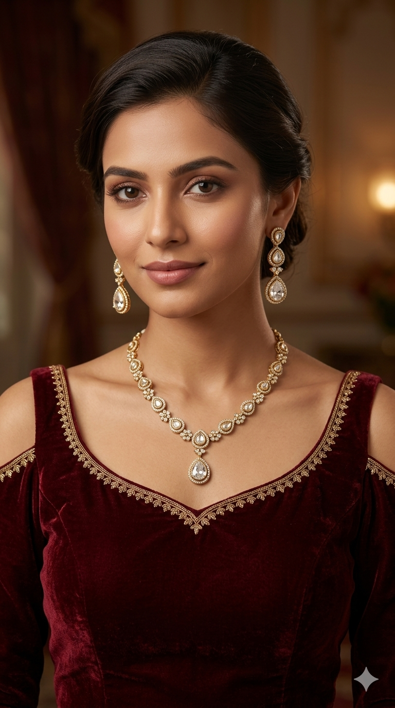 Antique Gold Moissanite Kundan Necklace Jewellery Hina Set