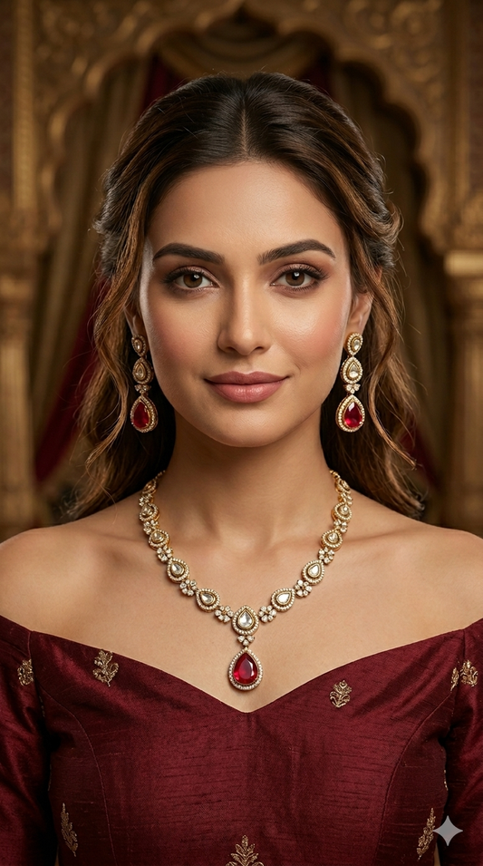 Antique Gold Ruby Moissanite Kundan Necklace Jewellery Hina Set