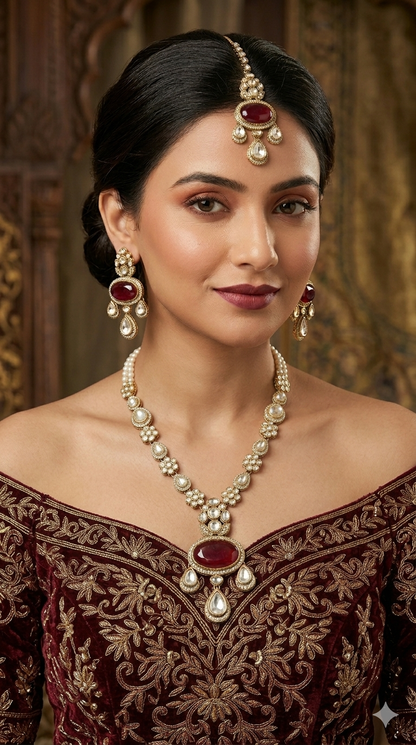 Antique Gold Maroon Long Moissanite Kundan Necklace Jewellery Henry Set