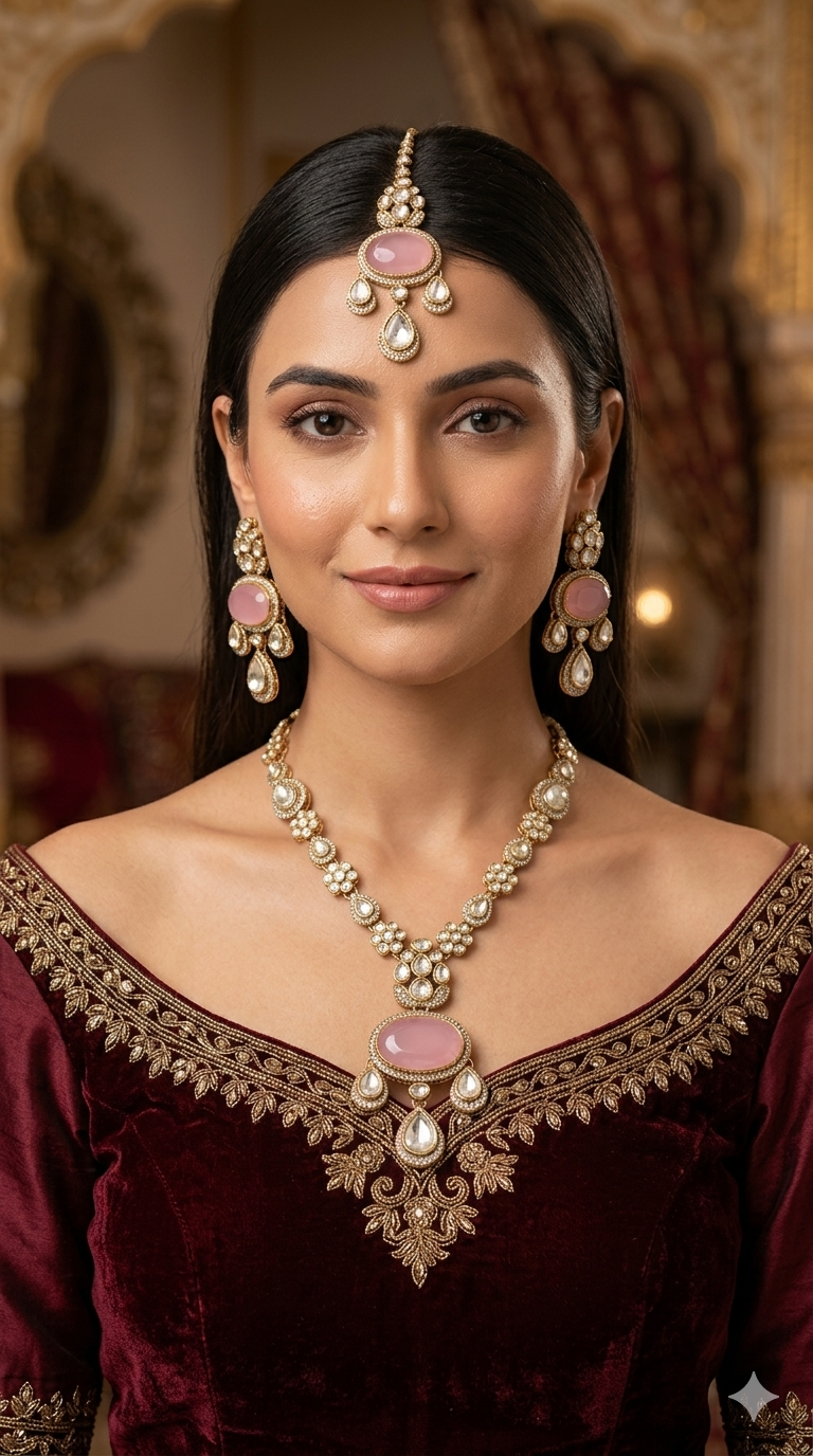 Antique Gold Pink Long Moissanite Kundan Necklace Jewellery Henry Set
