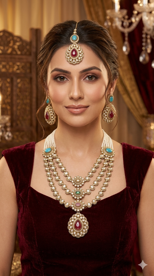 Antique Gold Multicolor Long Moissanite Kundan Necklace Jewellery Henry Set