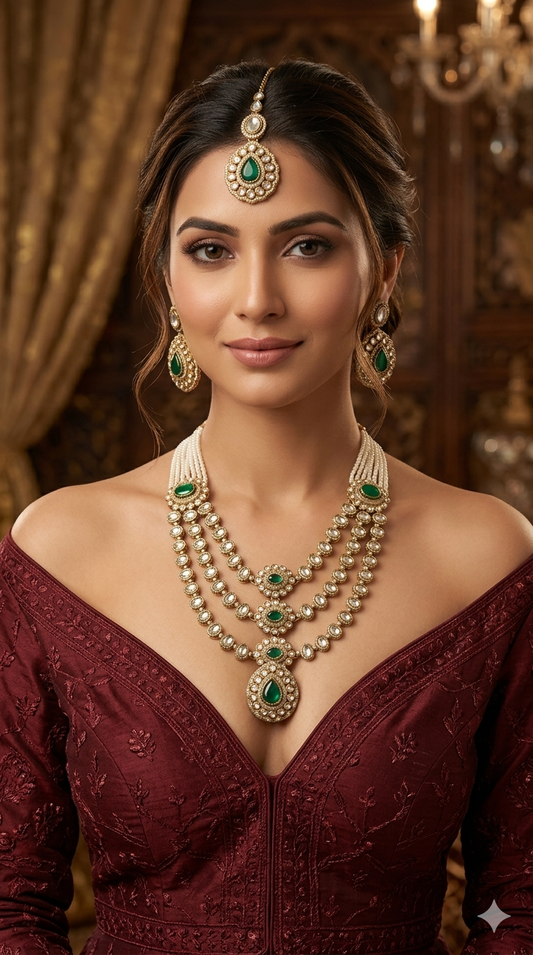 Antique Gold Green Long Moissanite Kundan Necklace Jewellery Henry Set