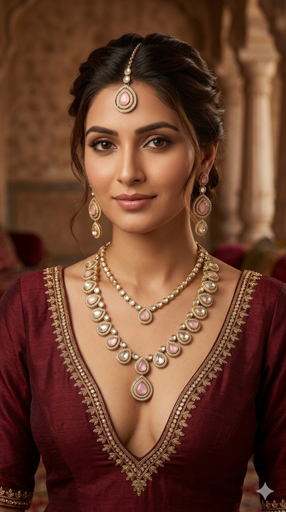 Antique Gold Pink Long Moissanite Kundan Necklace Jewellery Henry Set