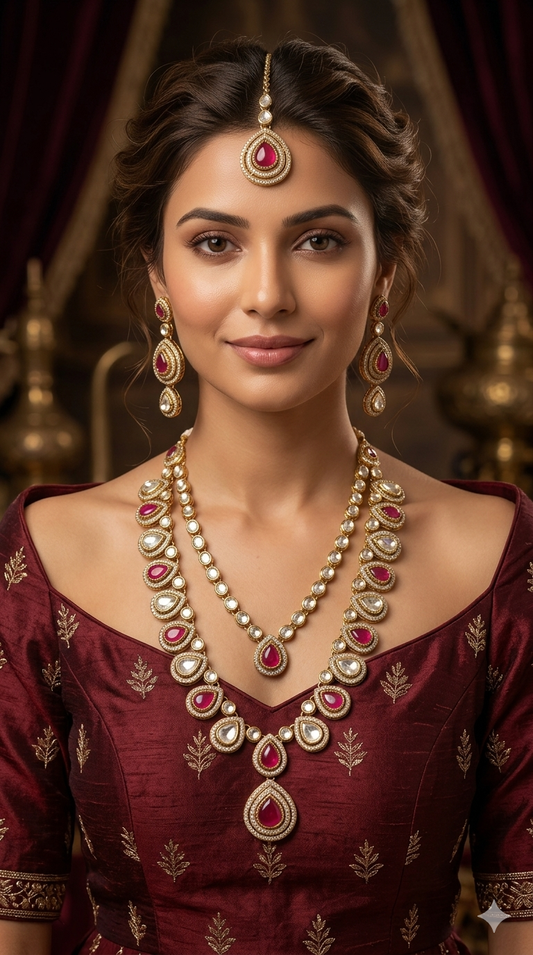 Antique Gold Ruby Long Moissanite Kundan Necklace Jewellery Henry Set