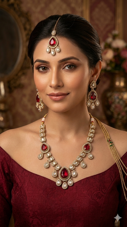 Antique Gold Maroon Moissanite Kundan Necklace Jewellery Lena Set