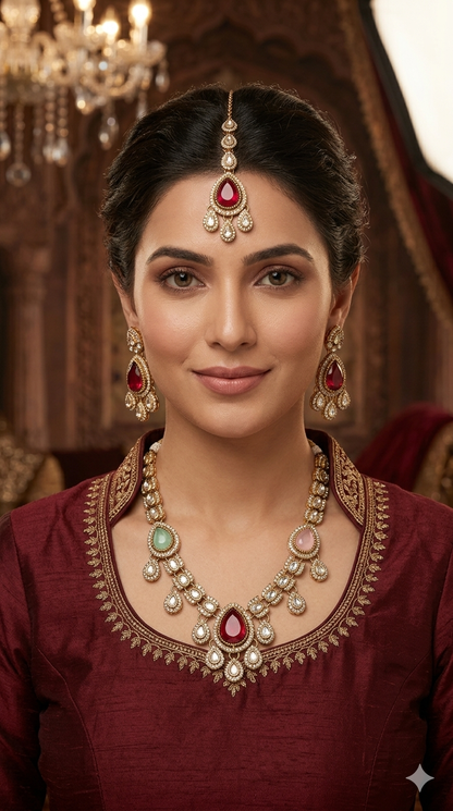 Antique Gold Multicolor Moissanite Kundan Necklace Jewellery Lena Set