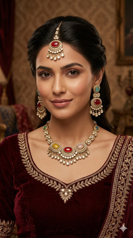 Antique Gold Multicolor Moissanite Kundan Necklace Jewellery Lara Set