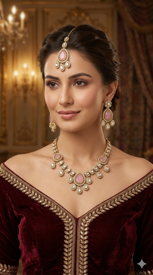 Antique Gold Pink Moissanite Kundan Necklace Jewellery Lena Set