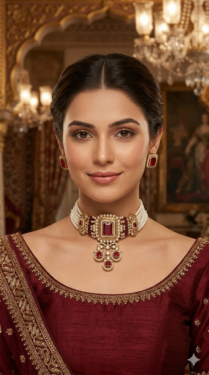 Antique Maroon Moissanite Kundan Choker Jewellery Sarah Set