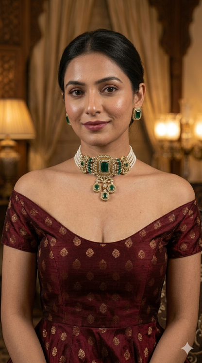 Antique Green Moissanite Kundan Choker Jewellery Sarah Set